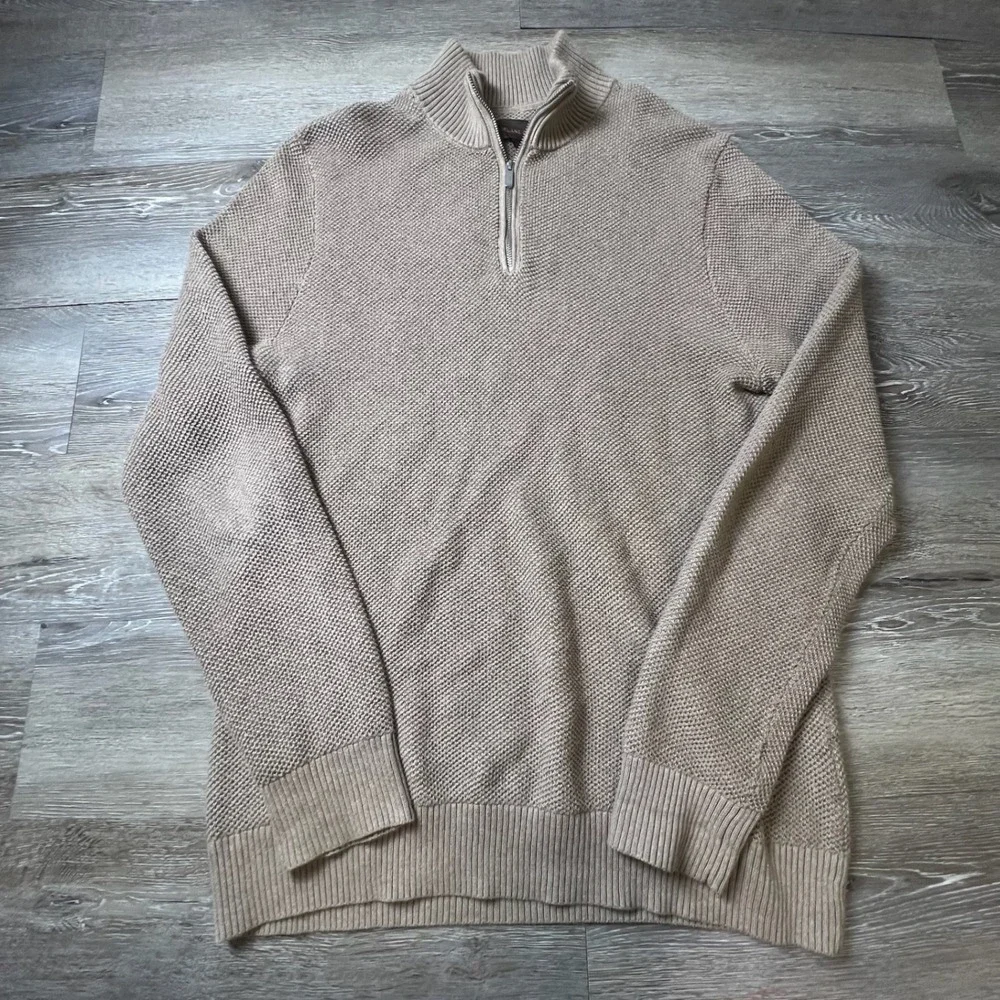 Fairlane & Sons Quarter Zip Mens L Oatmeal Heather Cotton Waffle Knit Sweater